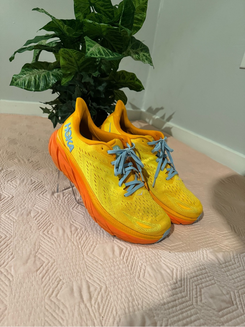 Hoka Kids Yellow and Orange Sneakers with Light Blue Laces